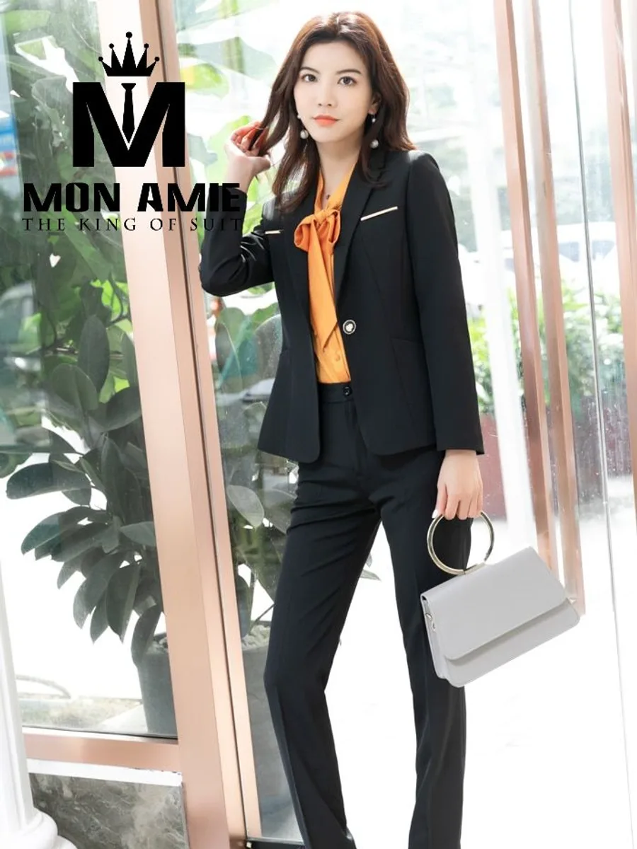 Black One-Button Blazer with Gold Trim Detail