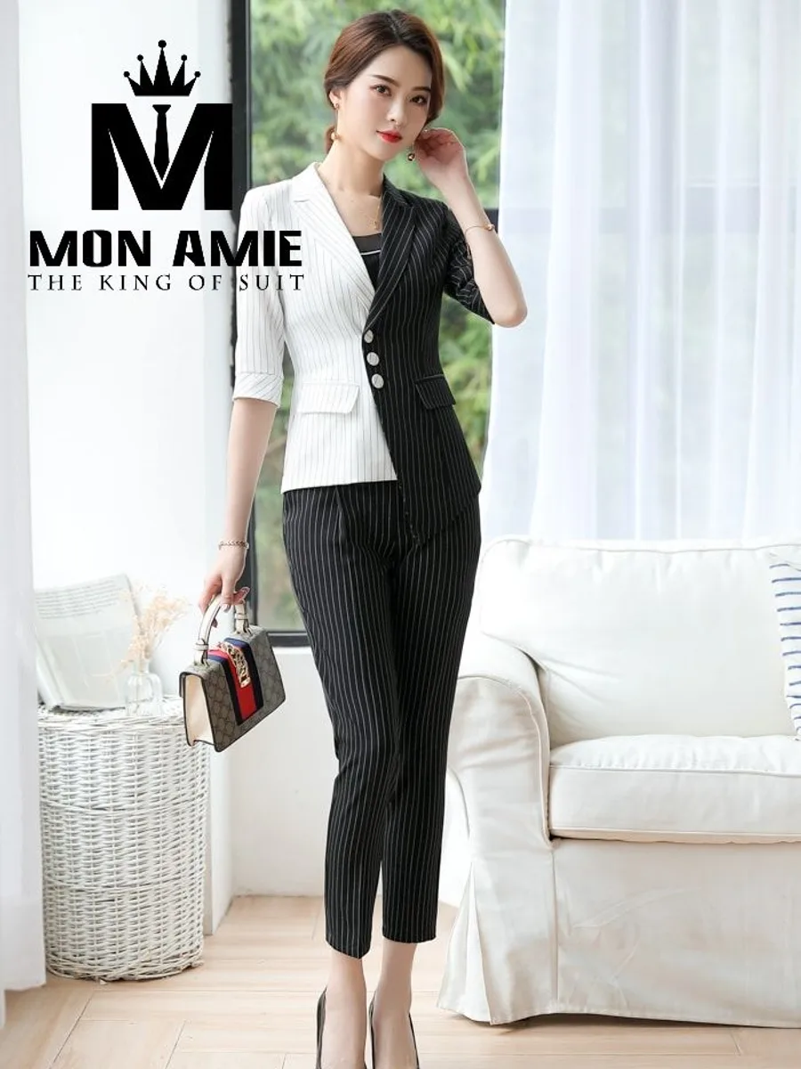 Black and White Pinstripe Color-Block Suit