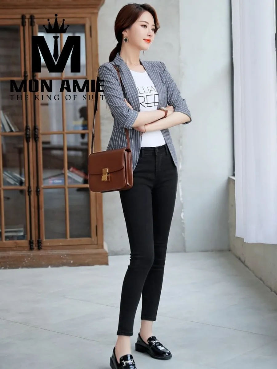 Grey Pinstripe Blazer with Rolled Half Sleeves