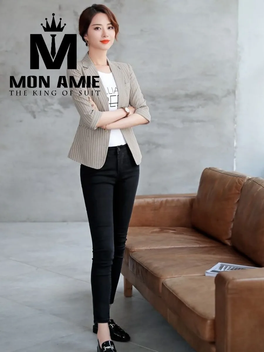 Beige Pinstripe Blazer with Rolled Half Sleeves