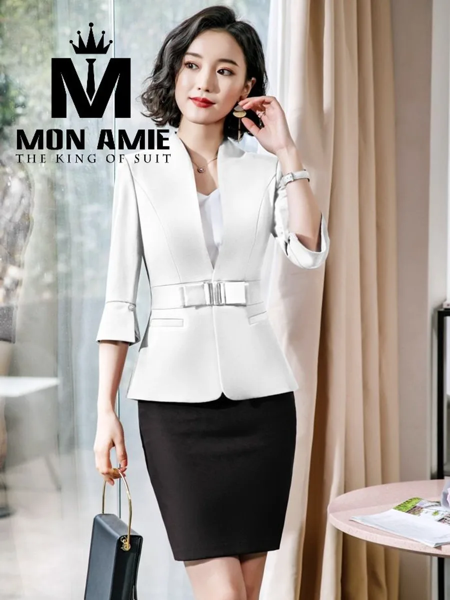 White V-Neck Belted Blazer with Black Skirt