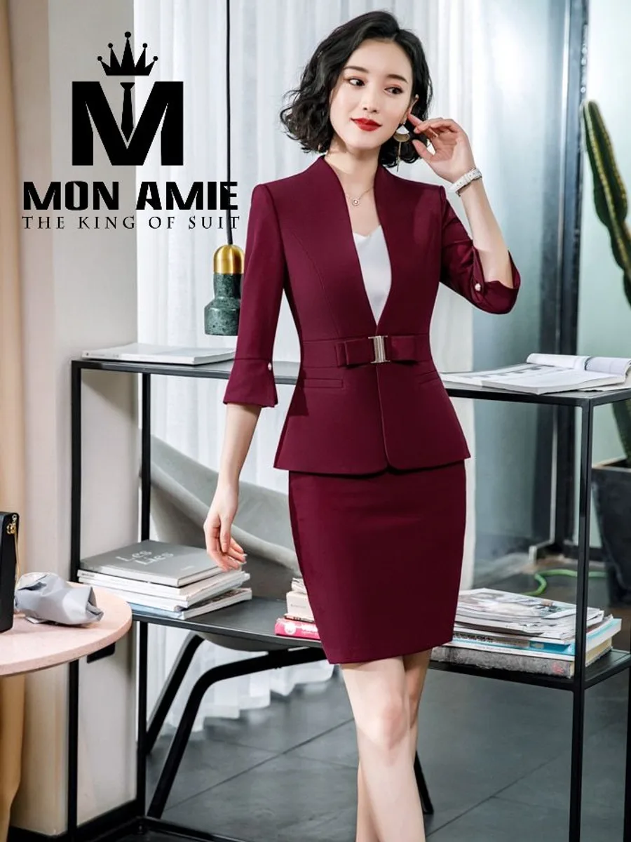 Burgundy Belted Blazer with Flared Sleeves and Skirt