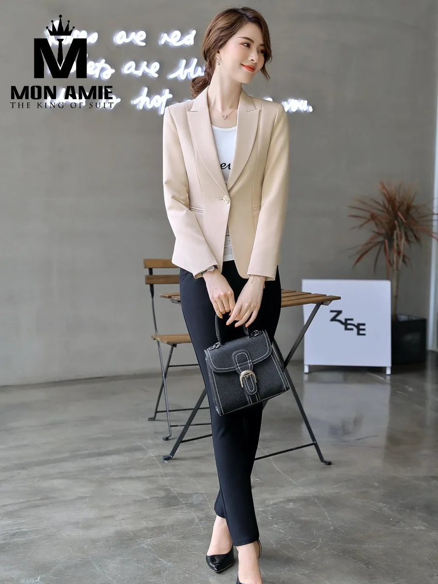 Cream-Beige One-Button Blazer with Black Trousers