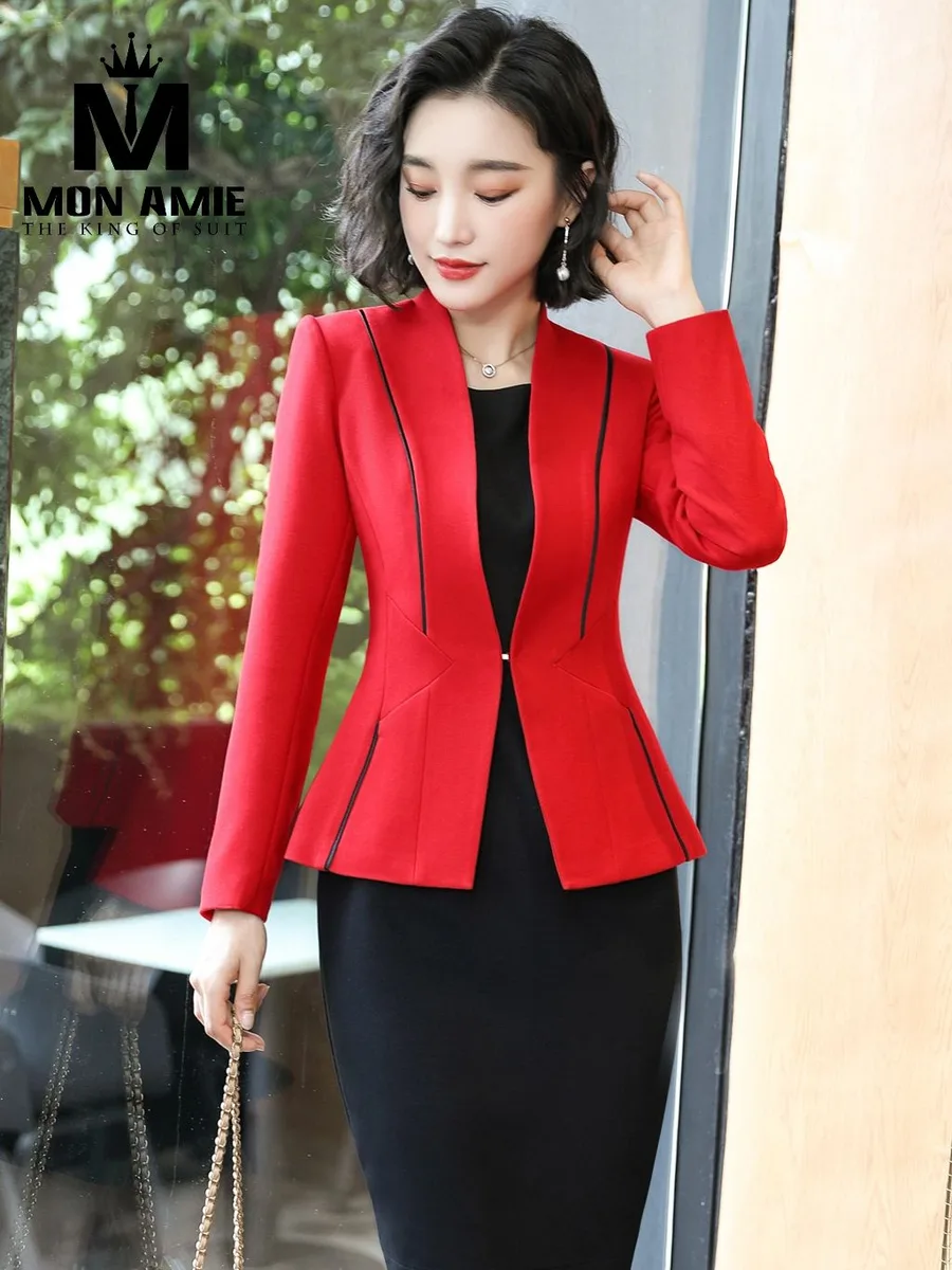 Red Blazer with Black Piping over Black Dress