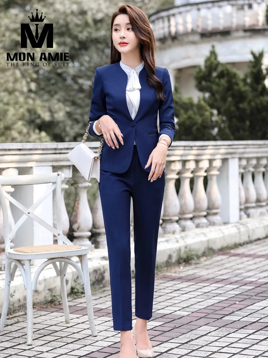 Navy Collarless One-Button Suit with Trousers