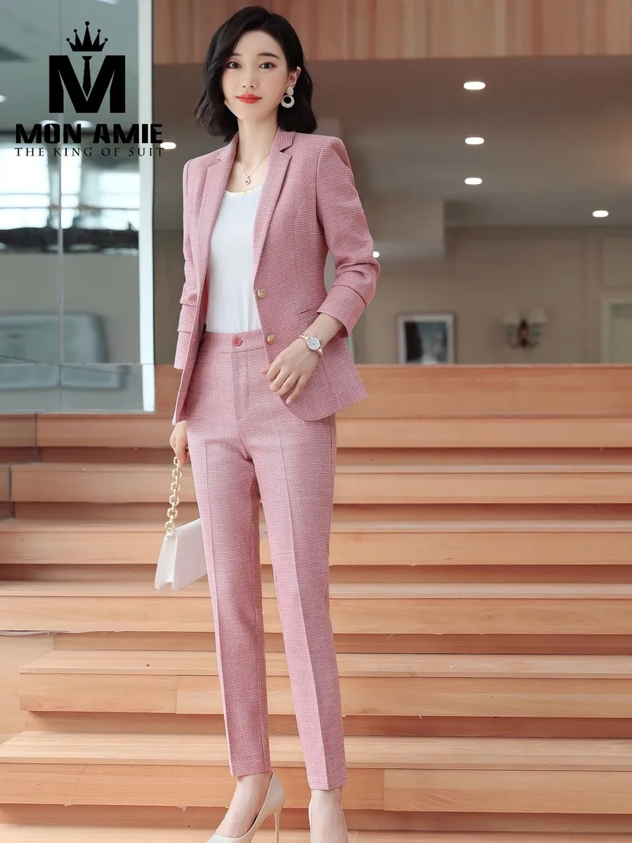 Blush Pink Micro-Check Suit with Gold Buttons and Trousers