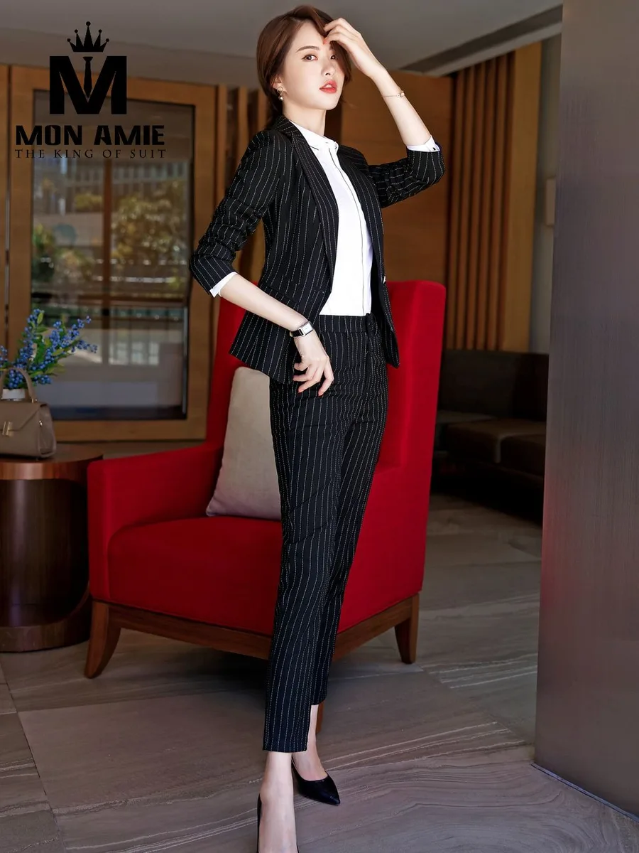 Black Chalk-Stripe Three-Quarter Sleeve Suit with Trousers