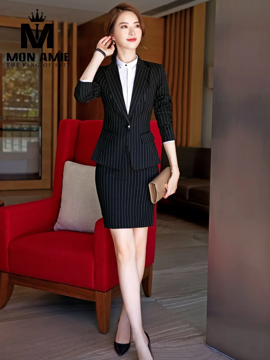 Black Chalk-Stripe One-Button Suit with Skirt