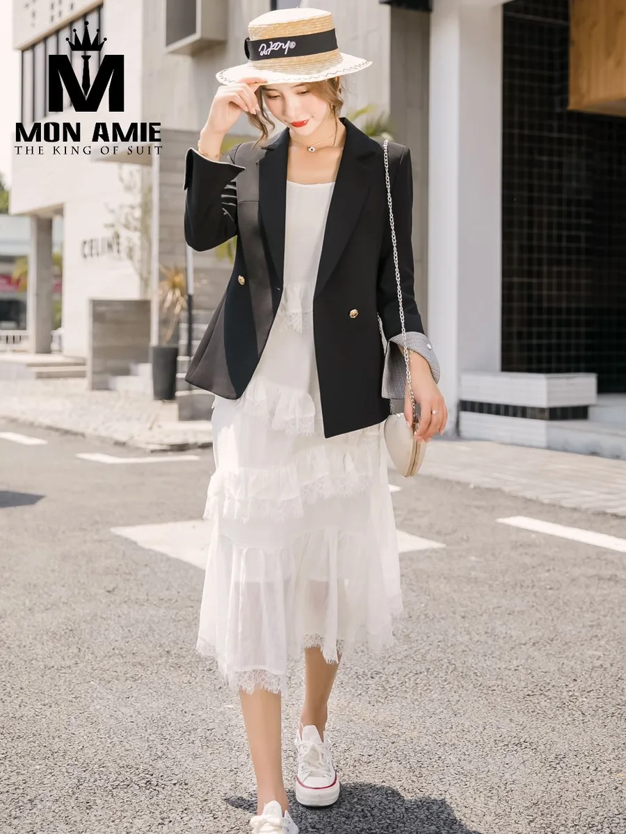 Black Gold-Button Blazer with Slit Cuffs