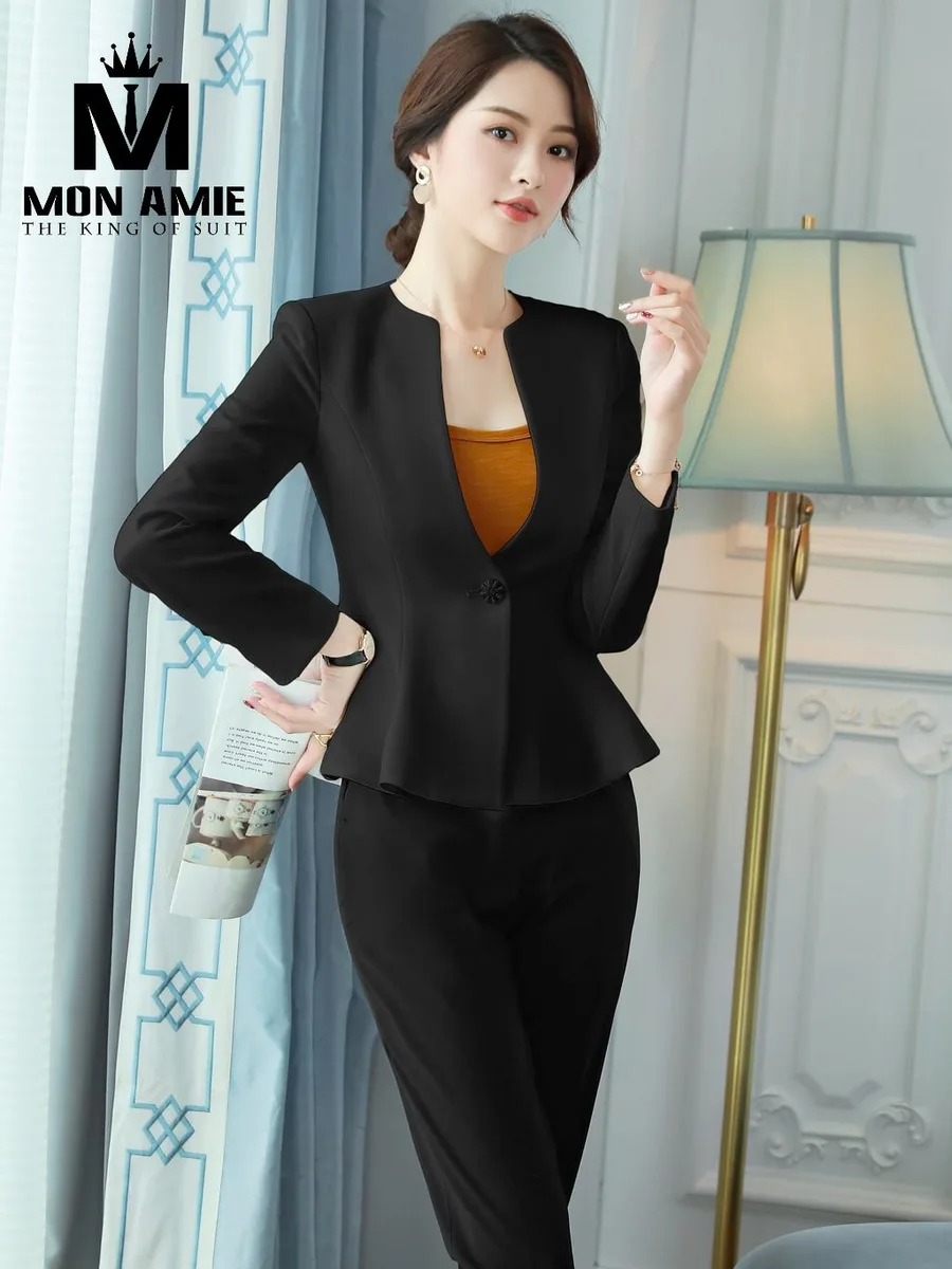 Black Collarless V-Neck Peplum Suit