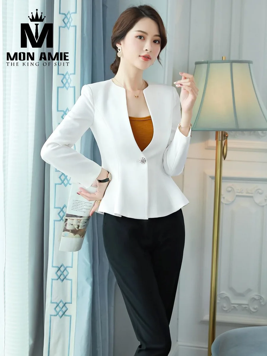 White V-Neck Peplum Jacket with Crystal Button