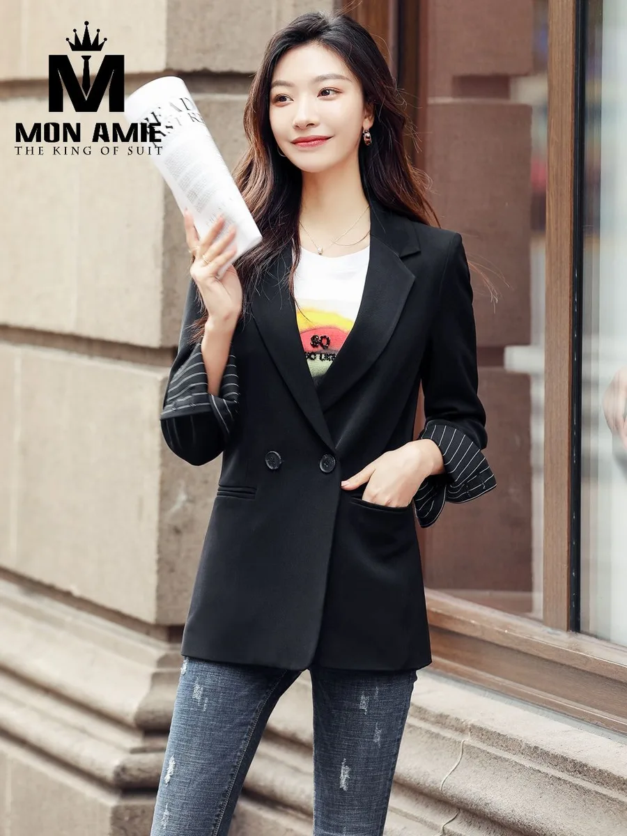 Black Relaxed Blazer with Striped Cuff Lining