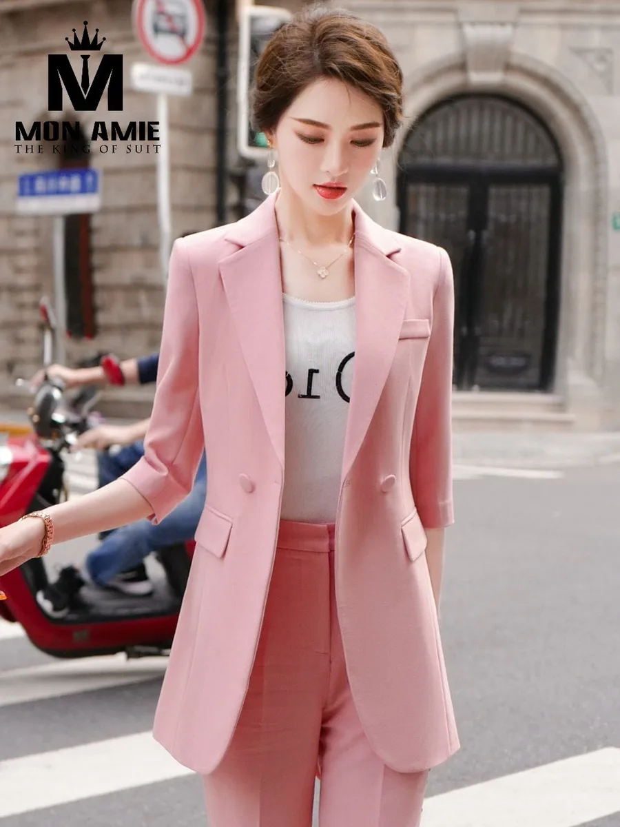 Powder Pink Long Blazer Suit with Three-Quarter Sleeves