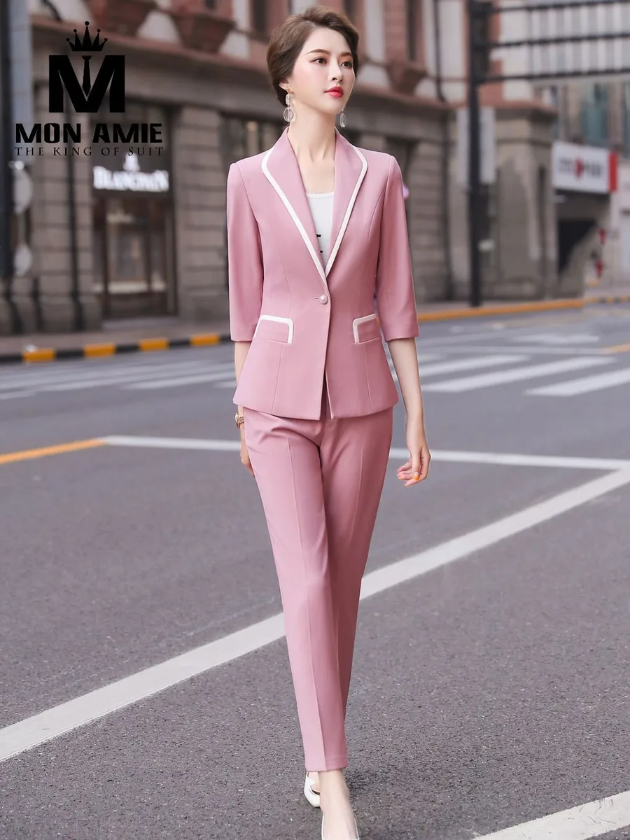 Pink Suit with White Piping and Pearl Button