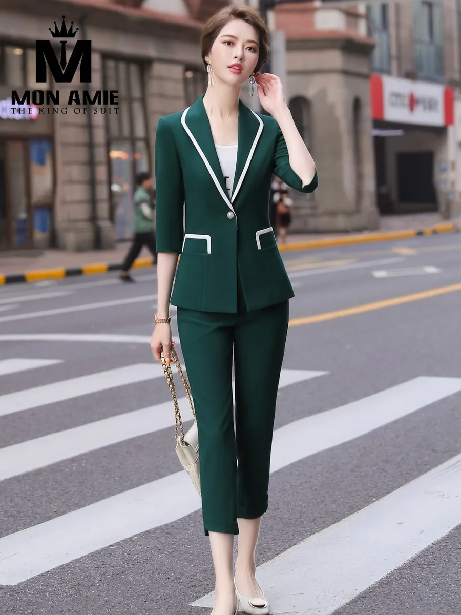 Forest Green Suit with White Piping and Capri Pants