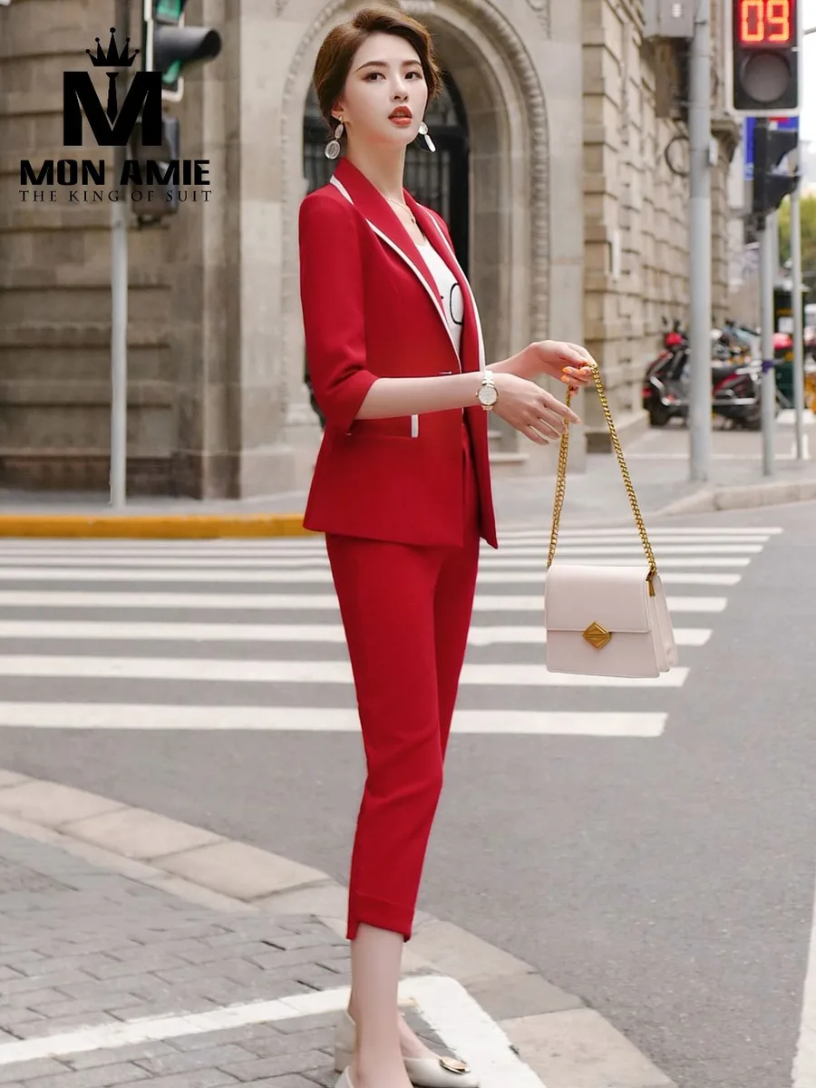 Red Suit with White Piping and Capri Pants