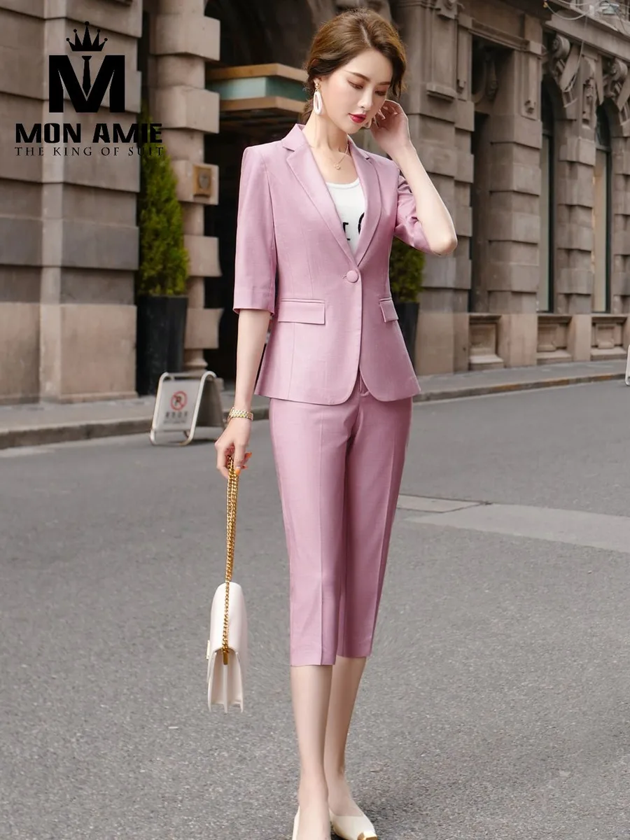Lilac Pink Short-Sleeve Suit with Capri Pants