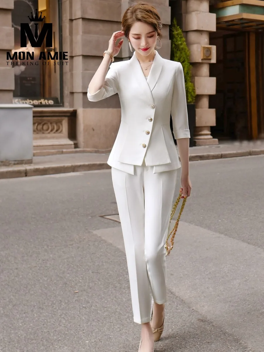 Ivory White Suit with Asymmetric V-Neck and Gold Buttons