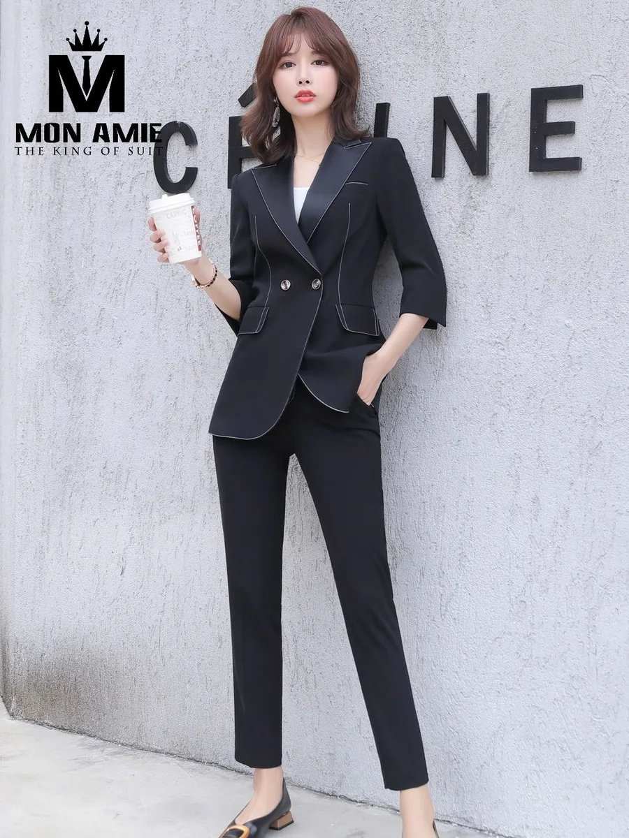 Black Double-Breasted Suit with Satin Lapel and White Piping