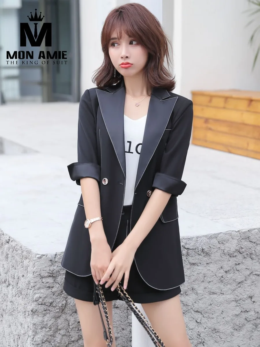Black Blazer and Shorts Set with White Piping