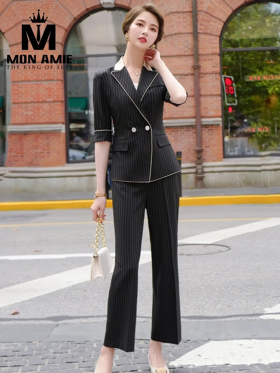 Black Pinstripe Suit with Cream Piping and Flared Trousers