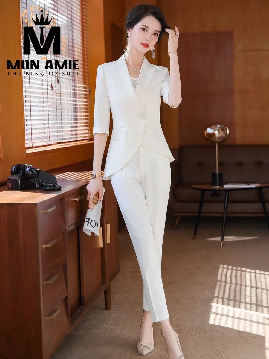 White Single-Button Suit with Curved Hem