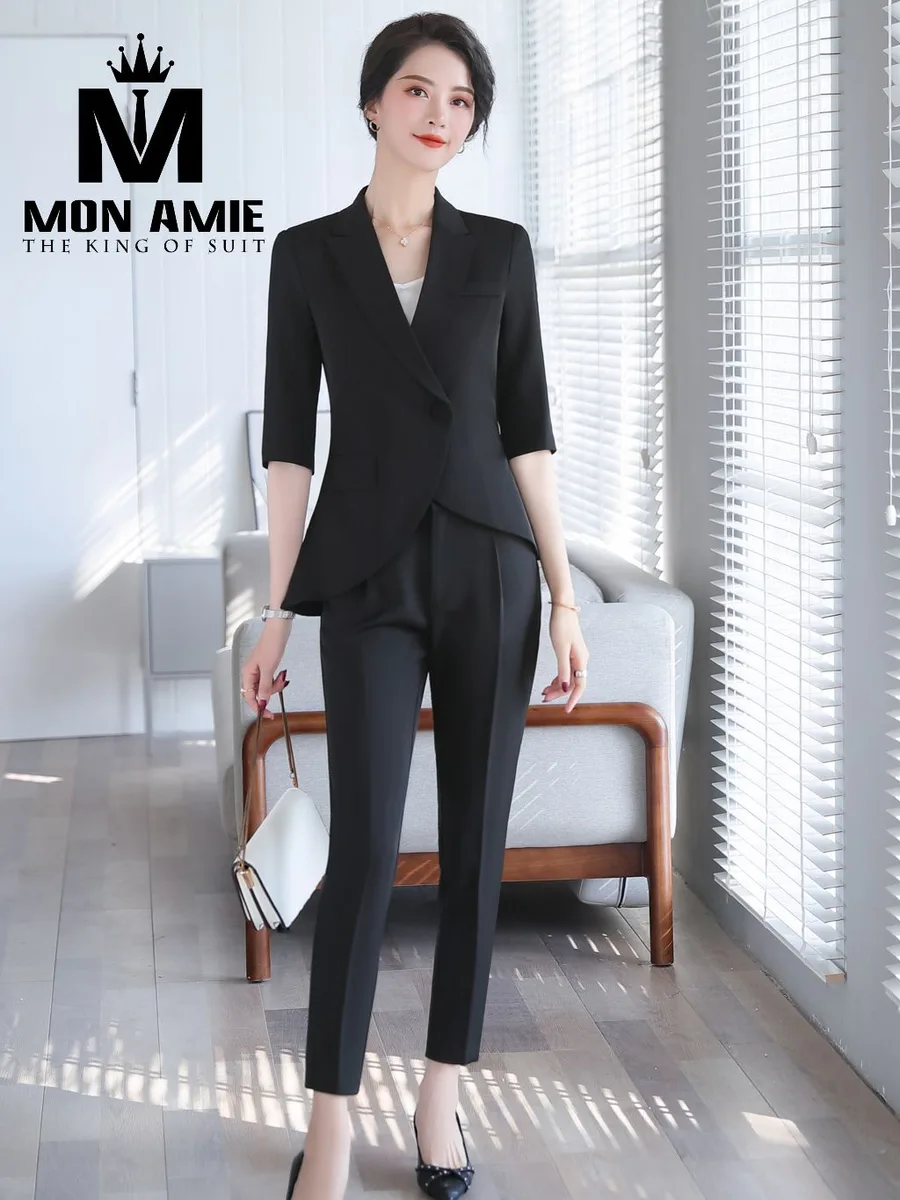 Black Single-Button Suit with Curved Hem and Tapered Trousers