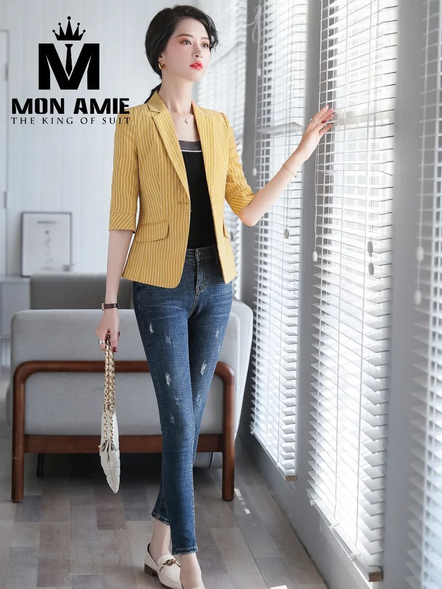 Yellow Pinstripe Single-Button Blazer