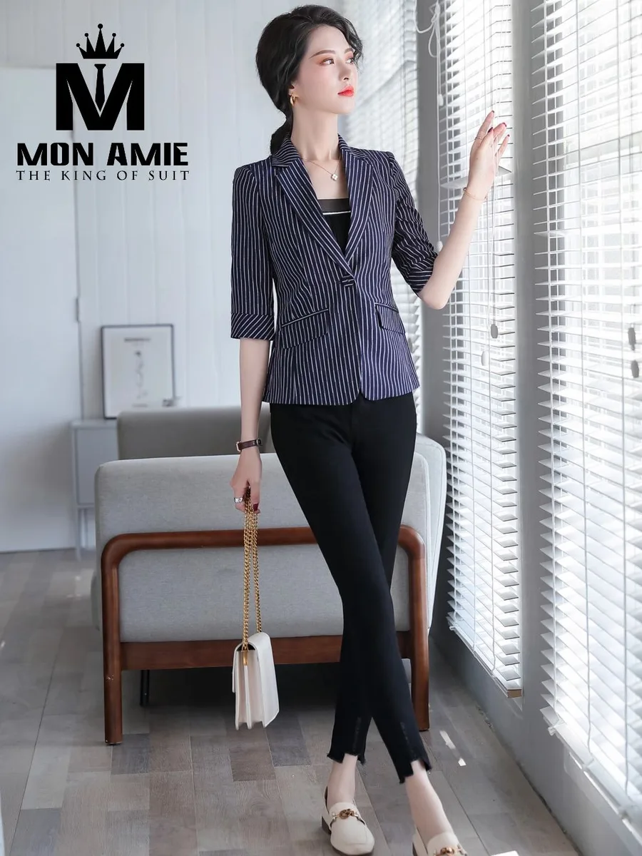 Navy Pinstripe Single-Button Blazer