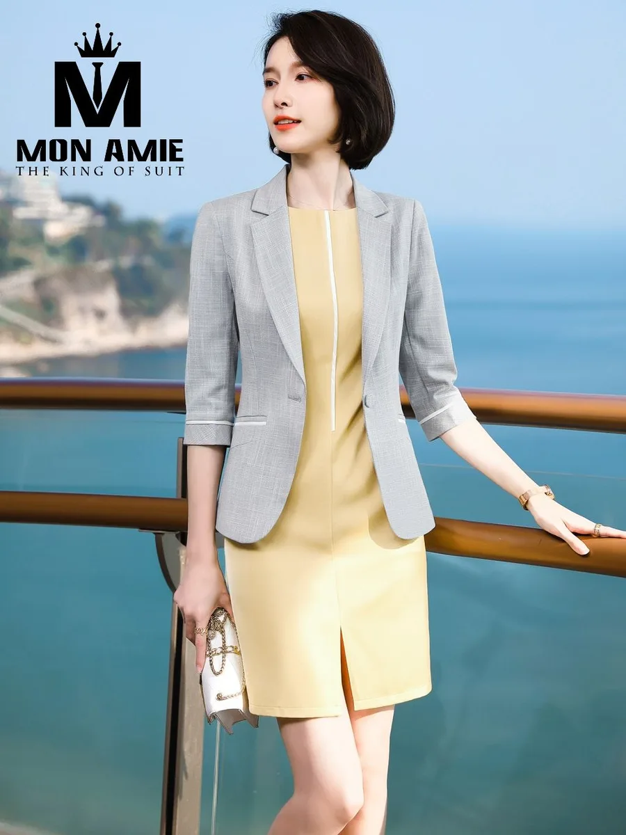 Light Grey Blazer with White Piping over Yellow Shift Dress