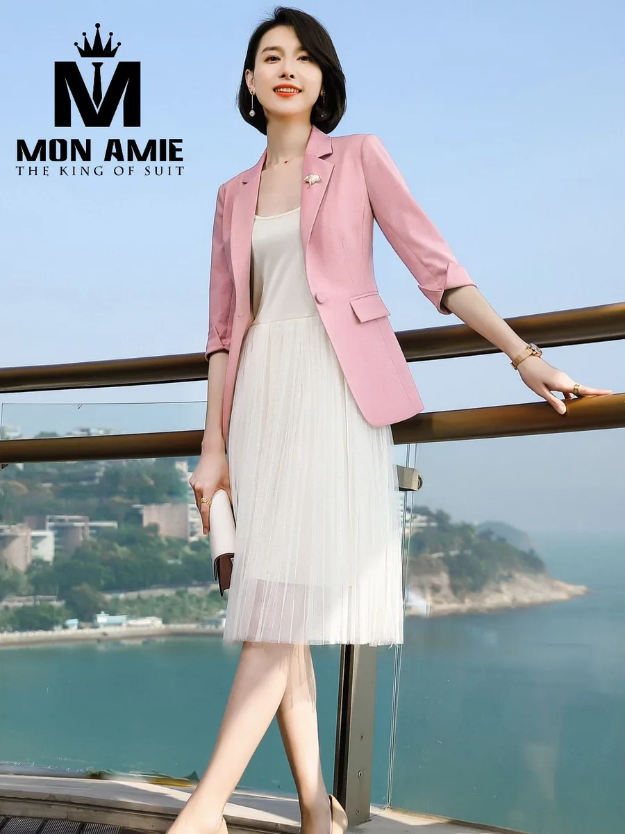 Powder Pink Single-Button Blazer over Cream Tulle Dress