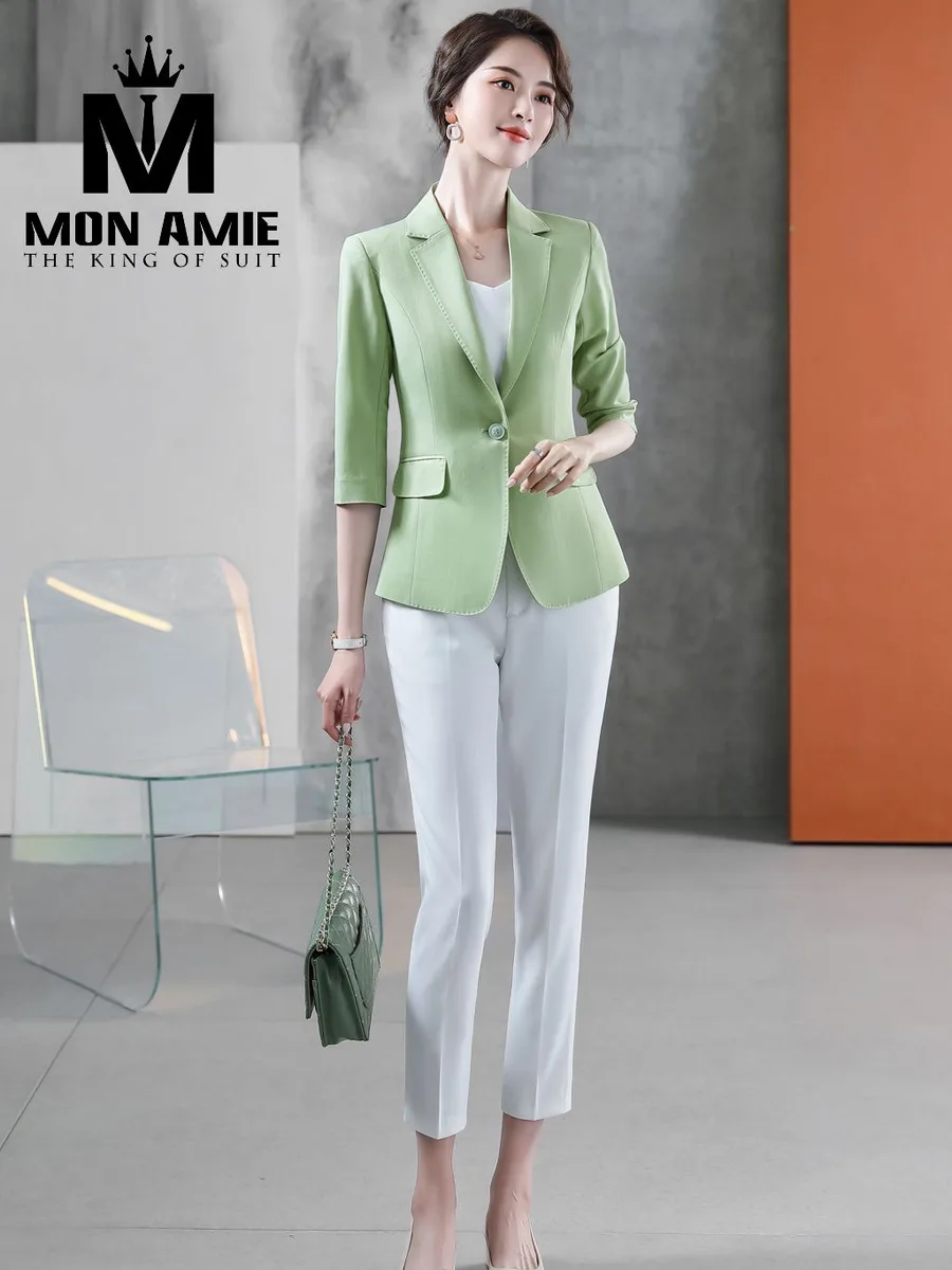 Matcha Green One-Button Blazer, Elbow Sleeve