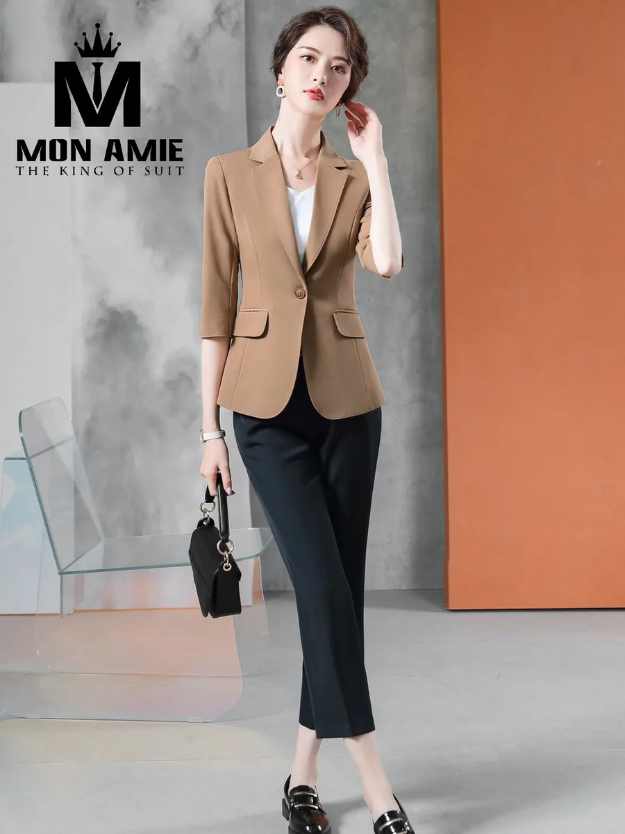 Camel Elbow-Sleeve Blazer with Black Trousers