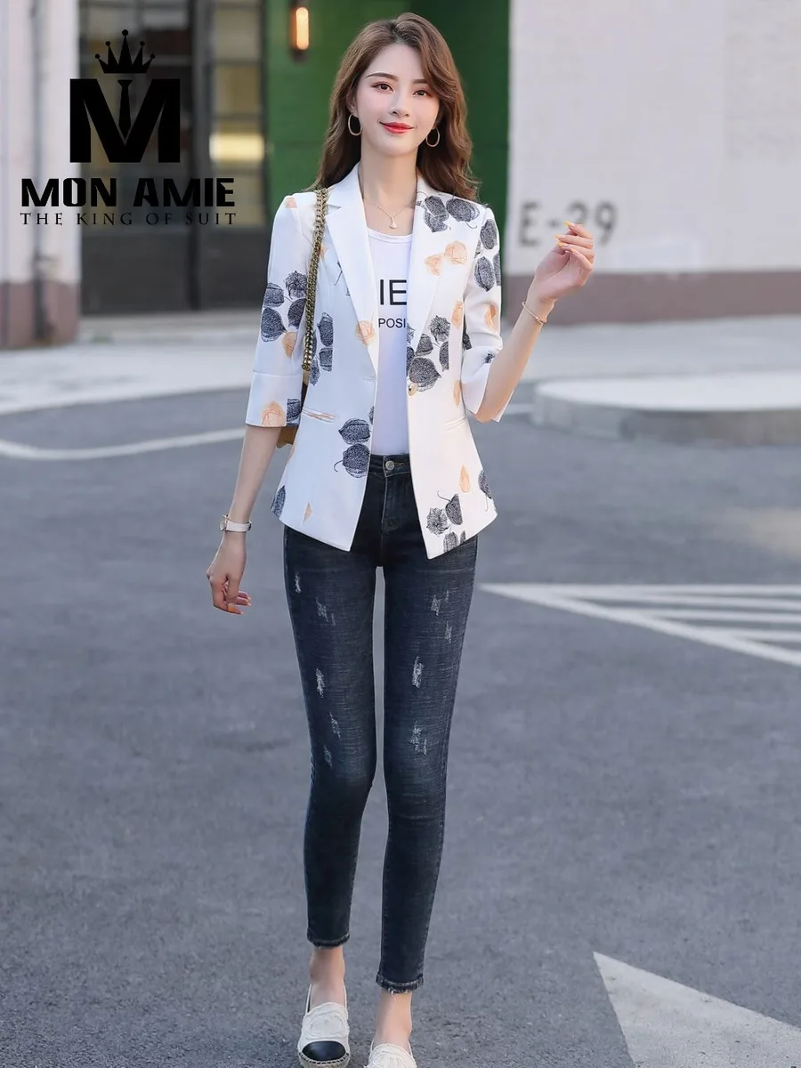 White Blazer with Grey and Apricot Leaf Print