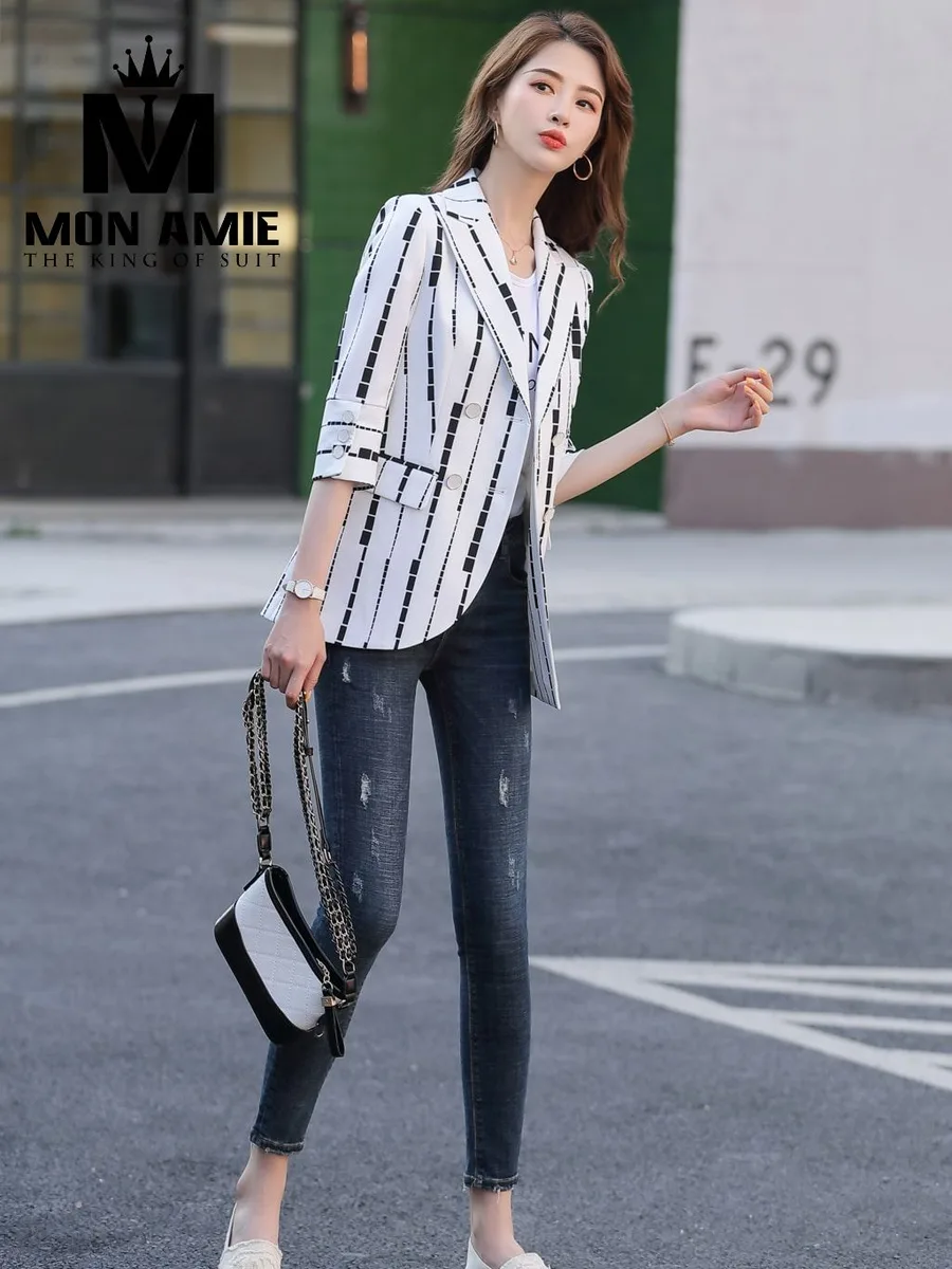 White Blazer with Broken Black Stripes, Rolled Cuffs