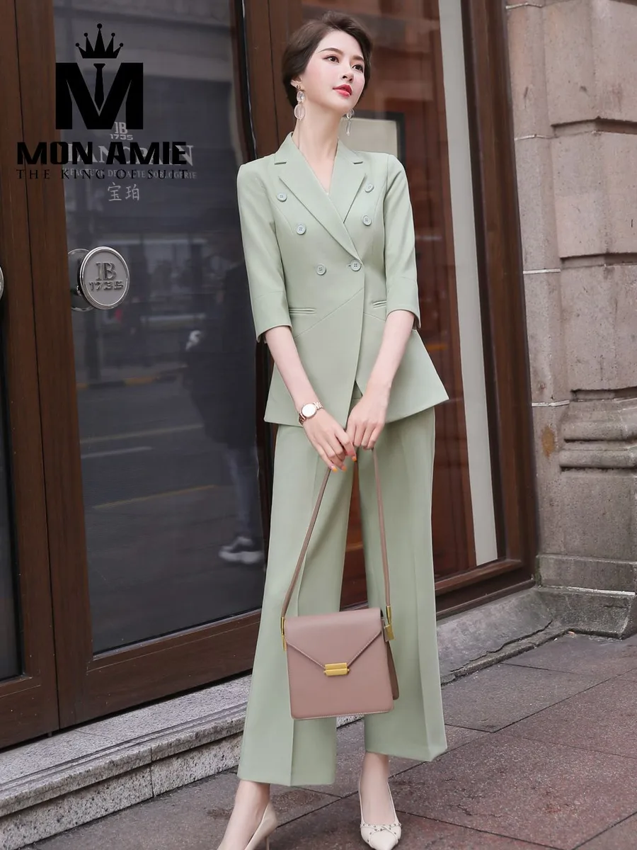 Sage Green Double-Breasted Suit, Wide-Leg Trousers