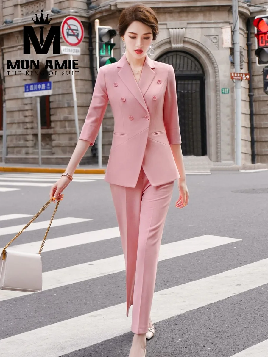 Blush Pink Double-Breasted Suit, Straight Trousers