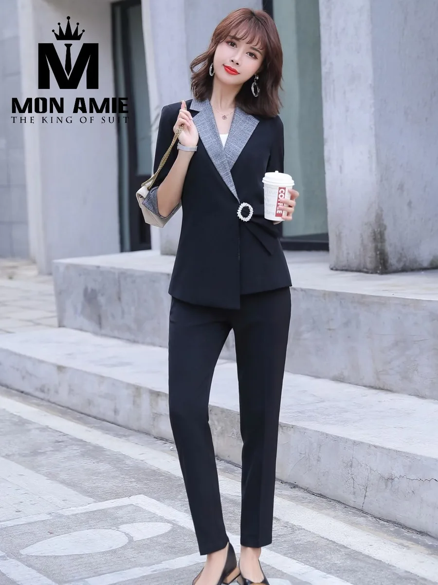 Black Wrap Suit with Grey Lapel and Crystal Buckle