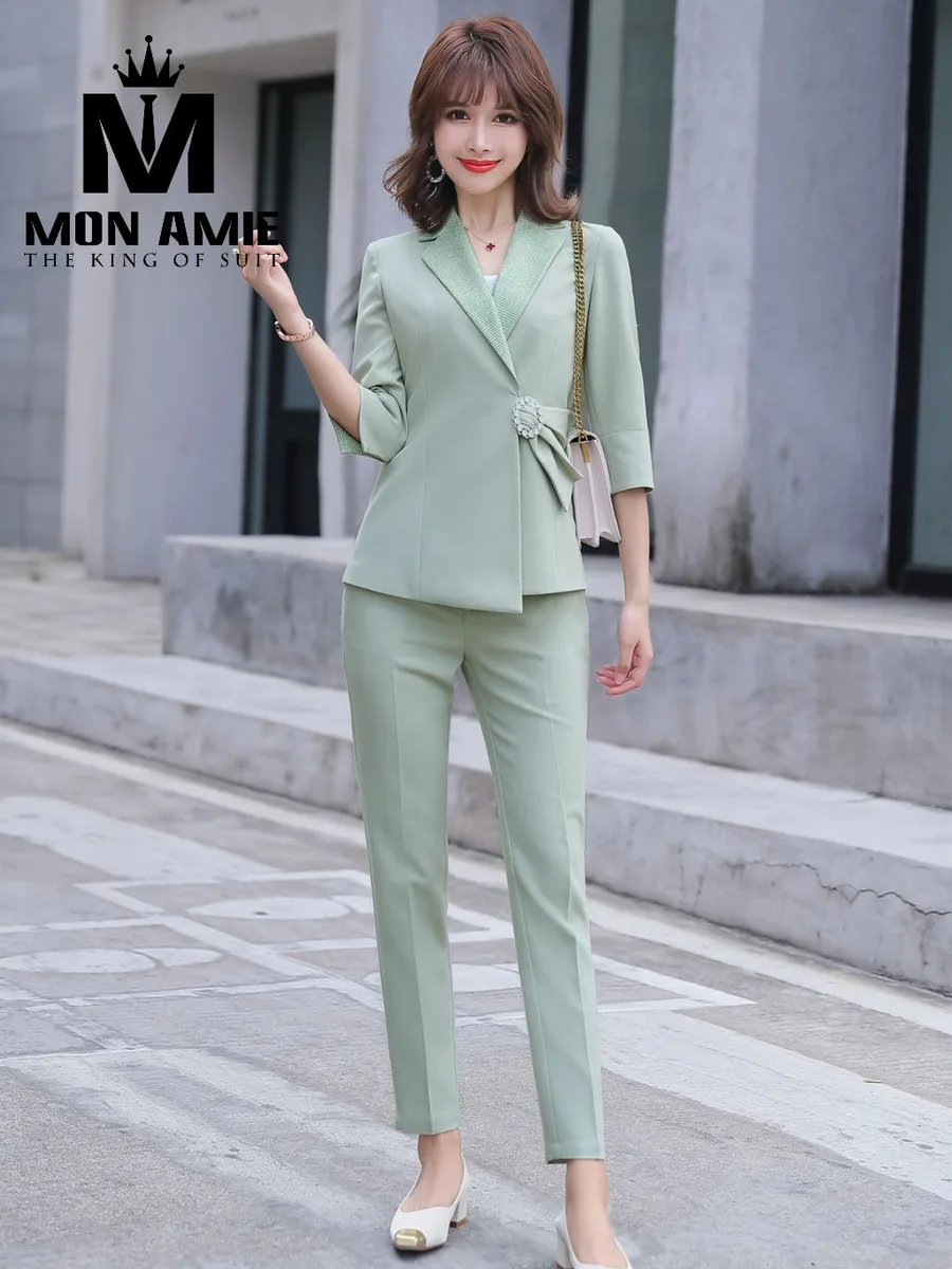 Mint Green Wrap Suit with Waist Bow and Crystal Brooch