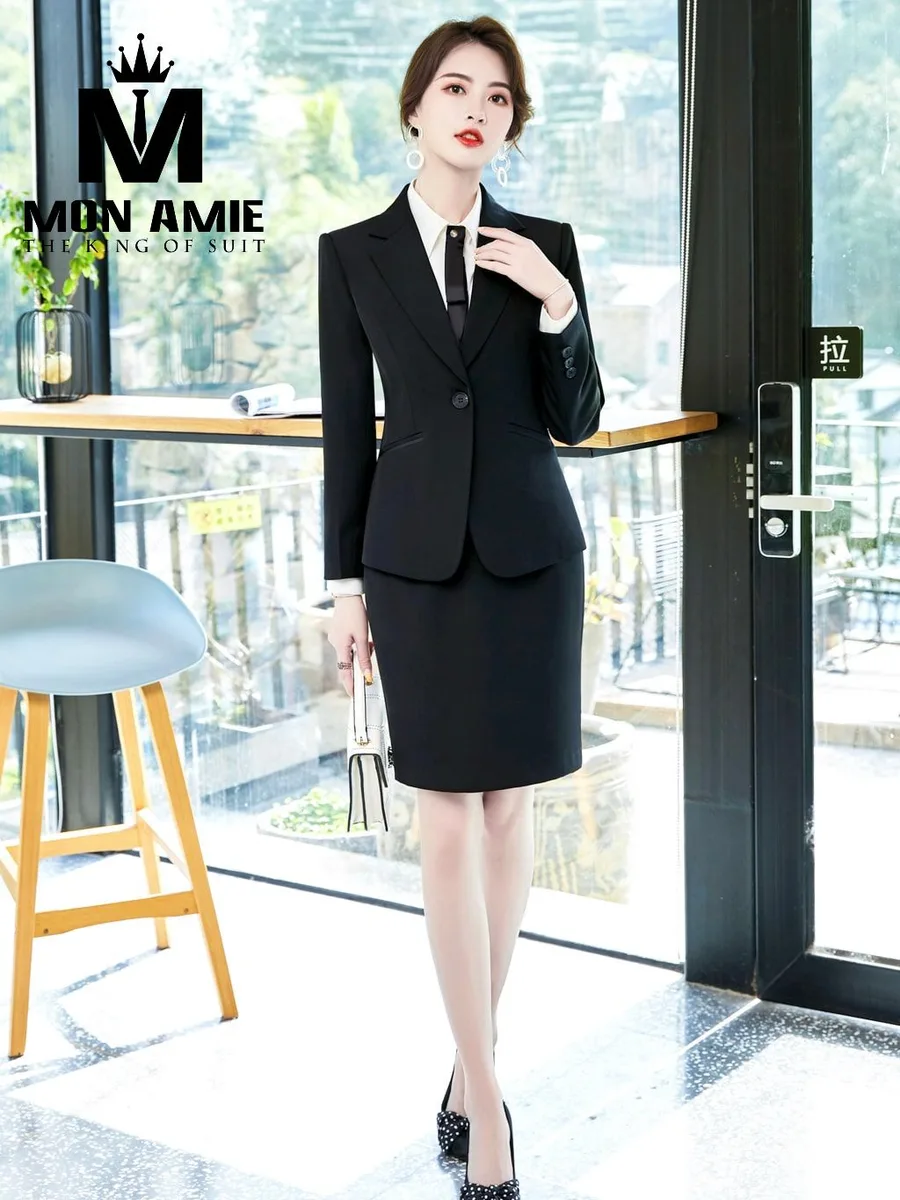 Black One-Button Skirt Suit with Slim Tie