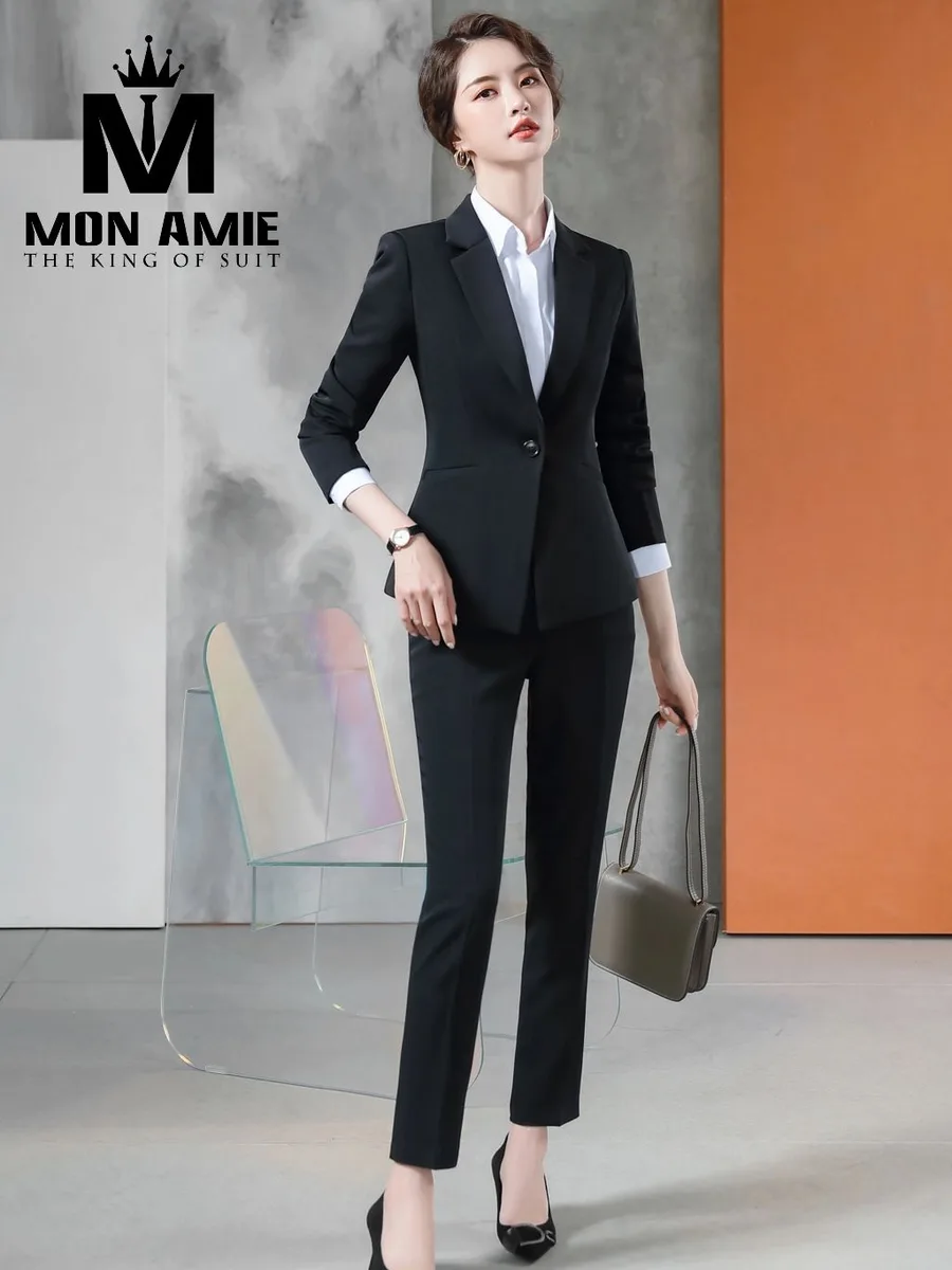 Black One-Button Women's Suit with Straight Trousers
