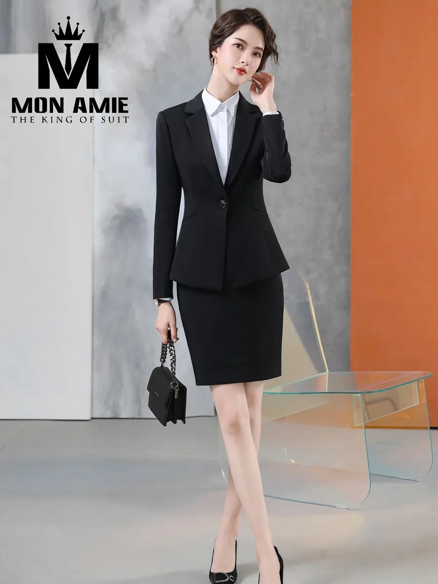 Black One-Button Women's Suit with Pencil Skirt