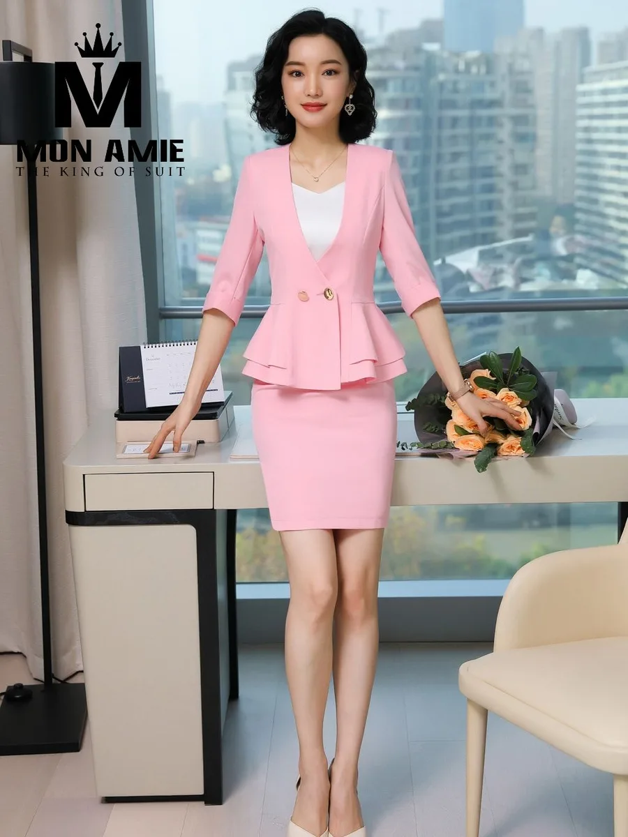 Pink Two-Tier Peplum Women's Suit with Pencil Skirt