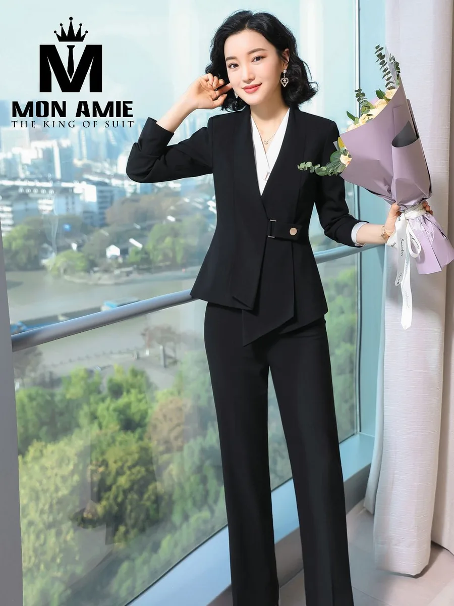 Black Asymmetric Wrap Women's Suit with Wide-Leg Trousers