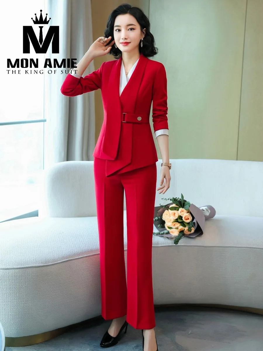 Red Asymmetric Wrap Women's Suit with Flared Trousers