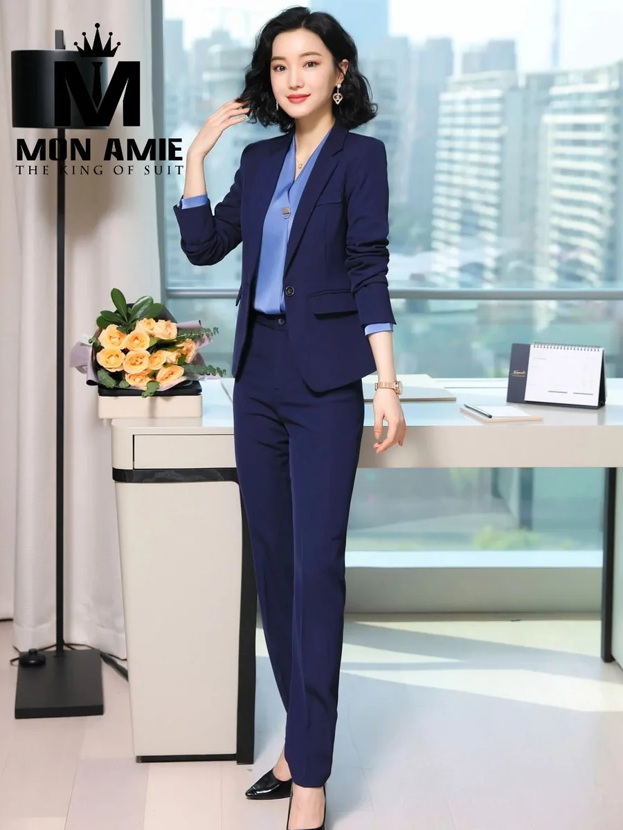 Navy One-Button Women's Suit with Blue Silk Blouse