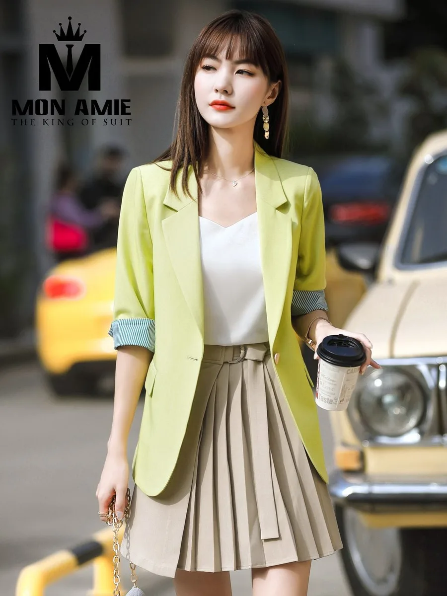 Lime Women's Blazer with Striped Lining and Pleated Skirt