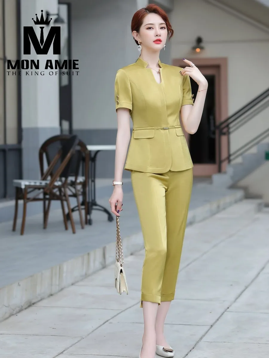 Olive Gold Satin Mandarin-Collar Women's Suit with Cropped Trousers