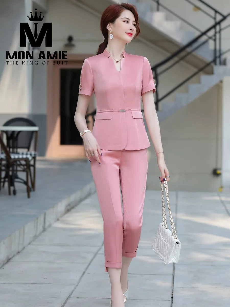 Dusty Rose Satin Mandarin-Collar Women's Suit with Cropped Trousers
