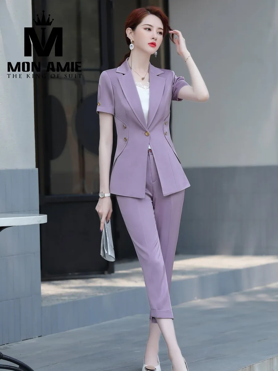 Lavender Short-Sleeve Women's Suit with Gold Buttons